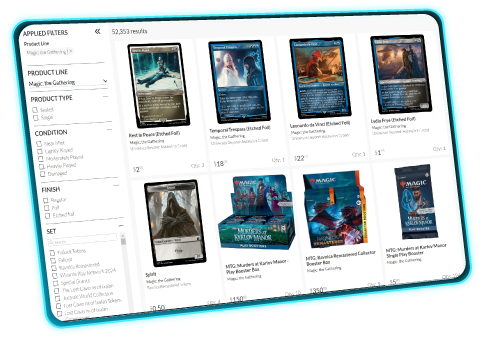 Search results page featuring Magic: the Gathering singles and sealed products